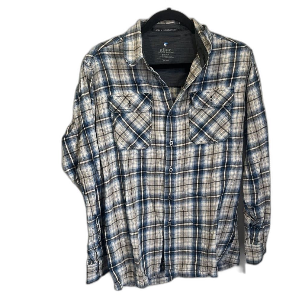 Kuhl Dillingr Flannel Shirt Mens S Blue Plaid Cotton Tencel Blend Long Sleeve